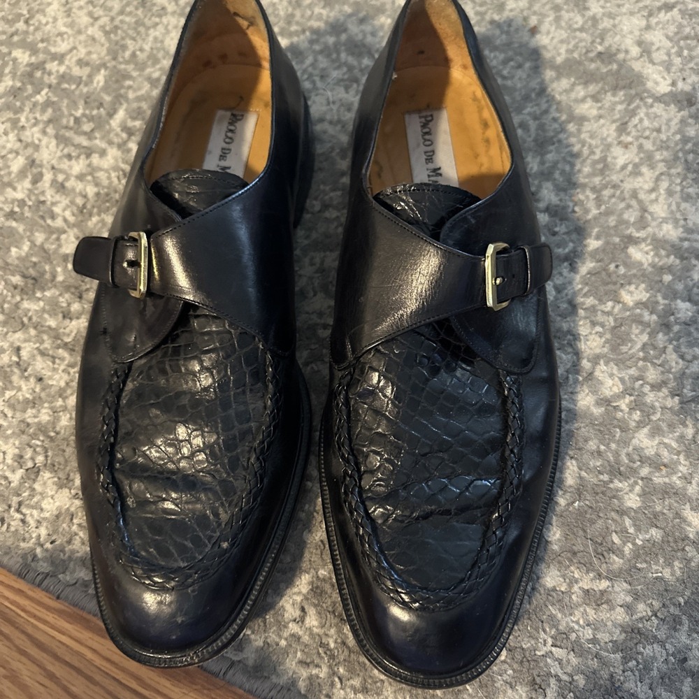 Paolo De Marco Mens Black Reptile  Leather Loafers Side Buckle Handmade Sz.14 M